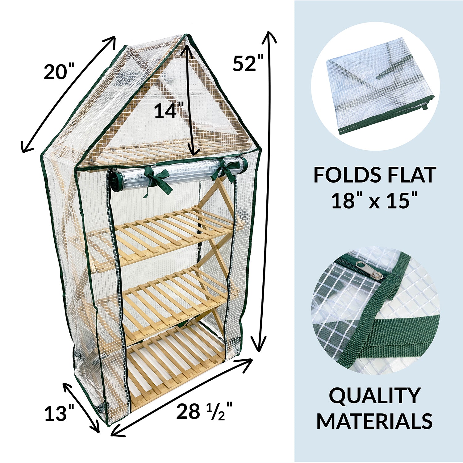 A mult-tier indoor plant stand with a bamboo structure and a clear plastic greenhouse cover.
